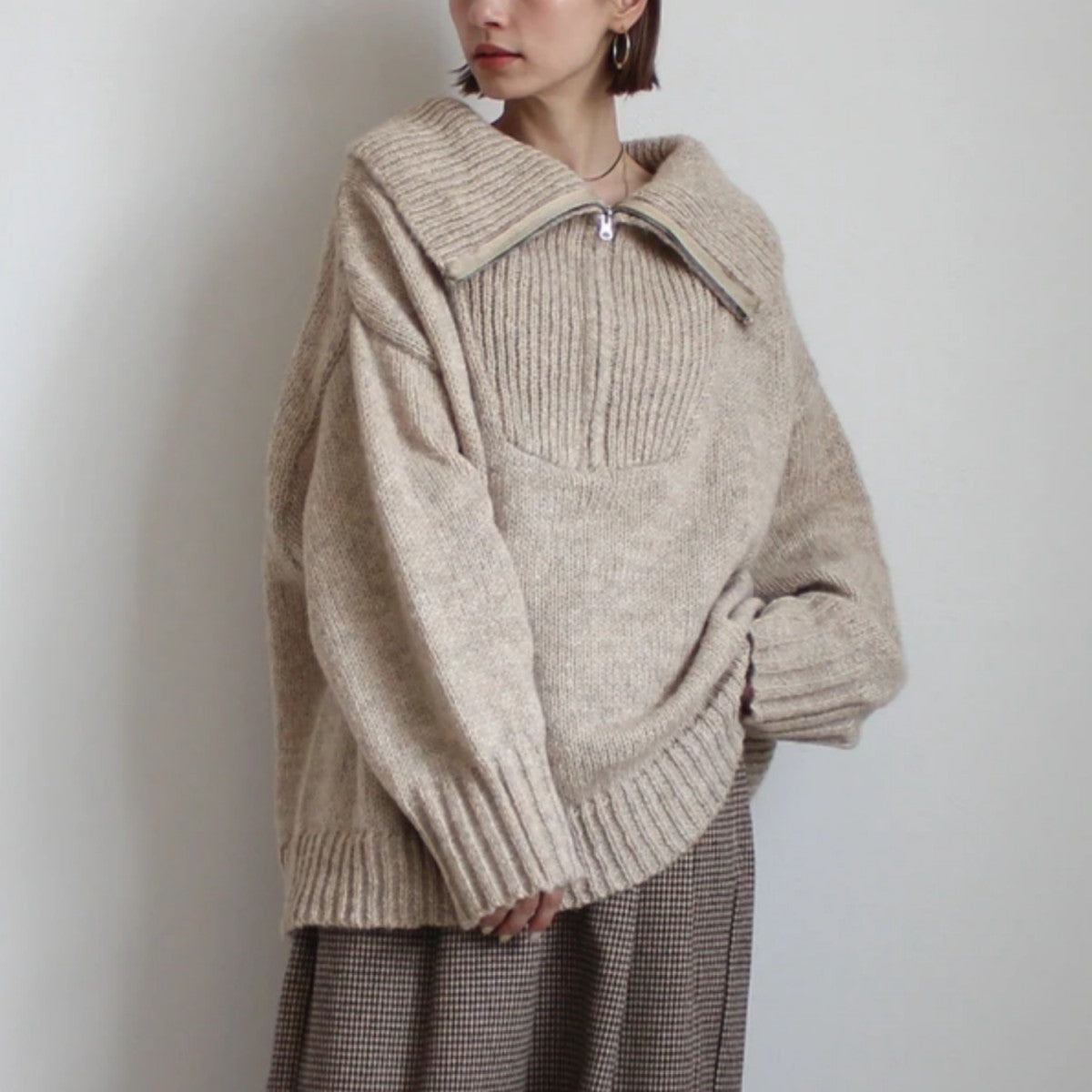 【在庫処分価格】 MIXハイネックニット トップス セーター 長袖 タートルネック あったかニット ビックシルエットハーフジップ 厚手 30代 40代 50代