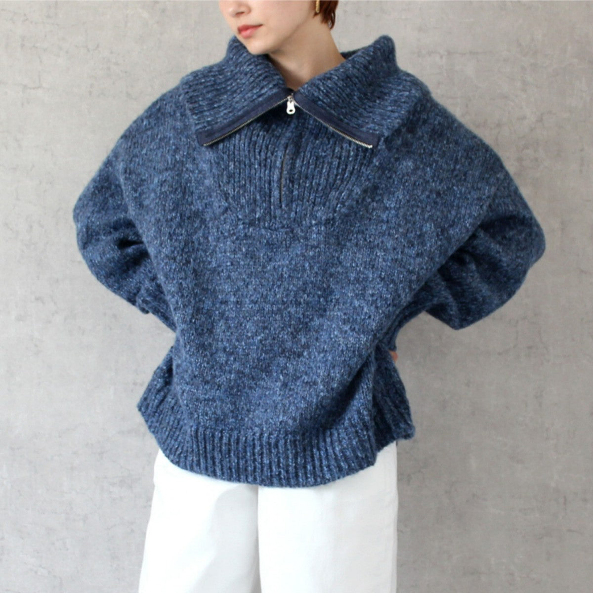 【在庫処分価格】 MIXハイネックニット トップス セーター 長袖 タートルネック あったかニット ビックシルエットハーフジップ 厚手 30代 40代 50代