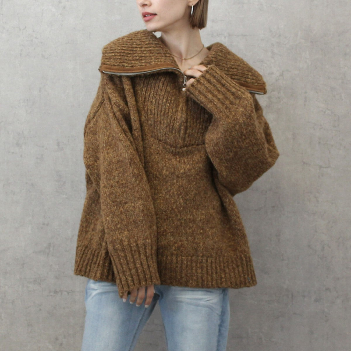 【在庫処分価格】 MIXハイネックニット トップス セーター 長袖 タートルネック あったかニット ビックシルエットハーフジップ 厚手 30代 40代 50代