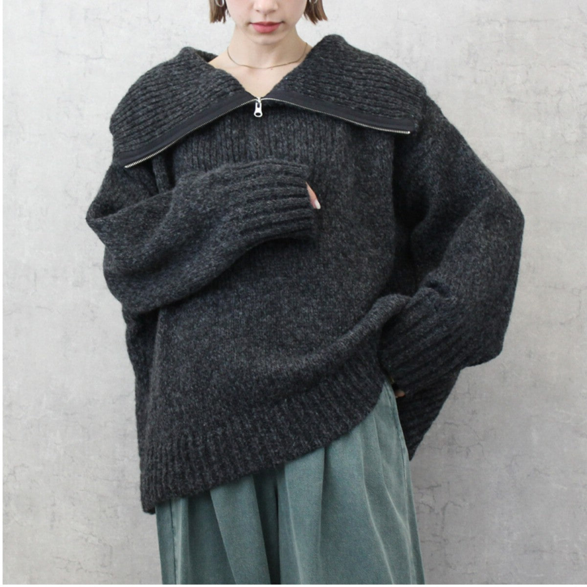 【在庫処分価格】 MIXハイネックニット トップス セーター 長袖 タートルネック あったかニット ビックシルエットハーフジップ 厚手 30代 40代 50代