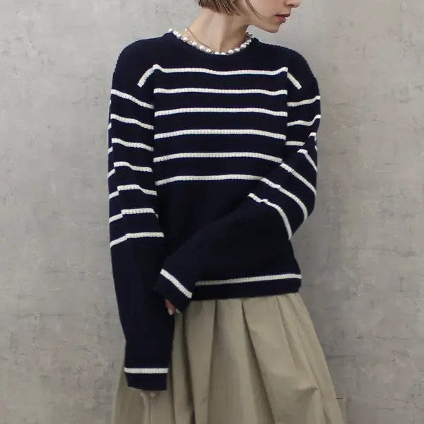 【在庫処分価格】 ニット レディース パール畦編みプルオーバー トップス 秋冬 長袖 ホワイト グレーホワイトボーダー ネイビーボーダー