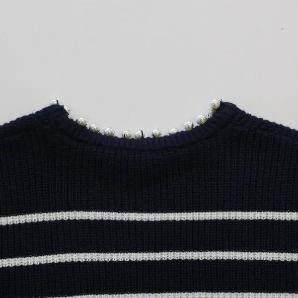 【在庫処分価格】 ニット レディース パール畦編みプルオーバー トップス 秋冬 長袖 ホワイト グレーホワイトボーダー ネイビーボーダー