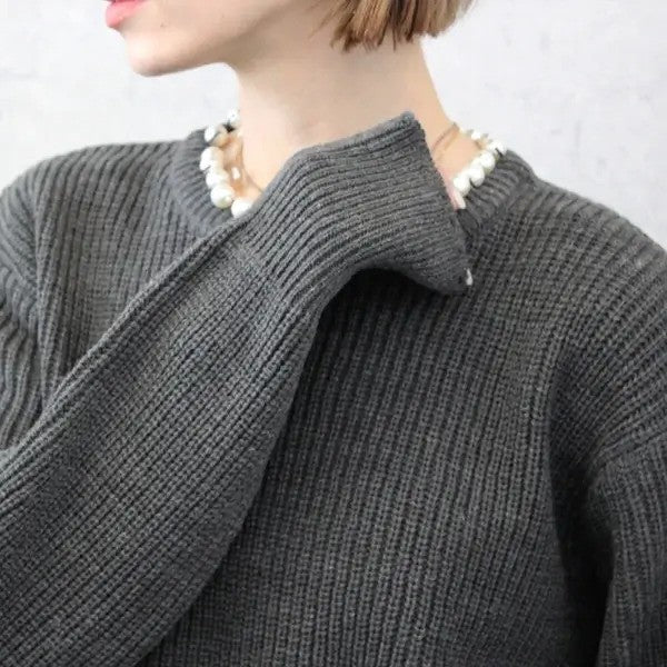 【在庫処分価格】 ニット レディース パール畦編みプルオーバー トップス 秋冬 長袖 ホワイト グレーホワイトボーダー ネイビーボーダー