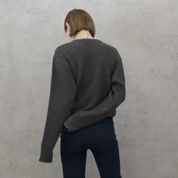 【在庫処分価格】 ニット レディース パール畦編みプルオーバー トップス 秋冬 長袖 ホワイト グレーホワイトボーダー ネイビーボーダー