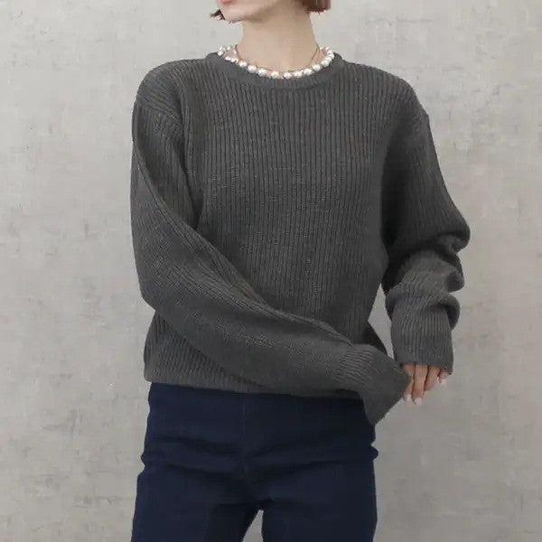 【在庫処分価格】 ニット レディース パール畦編みプルオーバー トップス 秋冬 長袖 ホワイト グレーホワイトボーダー ネイビーボーダー