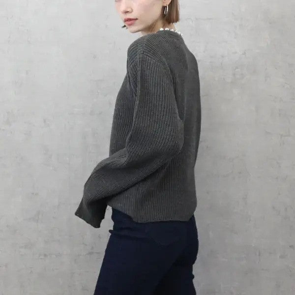 【在庫処分価格】 ニット レディース パール畦編みプルオーバー トップス 秋冬 長袖 ホワイト グレーホワイトボーダー ネイビーボーダー