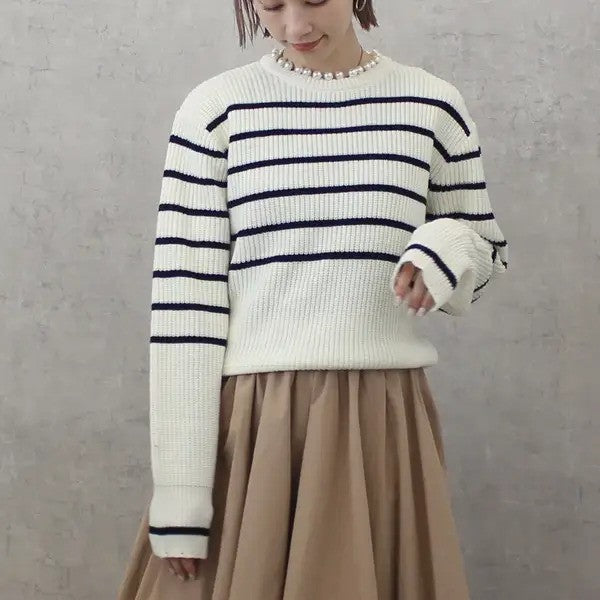 【在庫処分価格】 ニット レディース パール畦編みプルオーバー トップス 秋冬 長袖 ホワイト グレーホワイトボーダー ネイビーボーダー