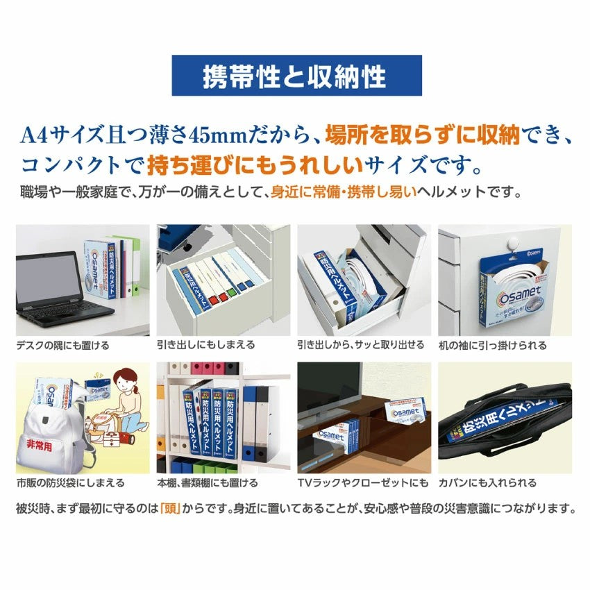 オサメット 折りたたみ ヘルメット つば付き 防災用 防災ヘルメット サイズ調整 非常用 帽子 コンパクト 日本製 軽量 大人 あごひも 防災グッズ 加賀産業